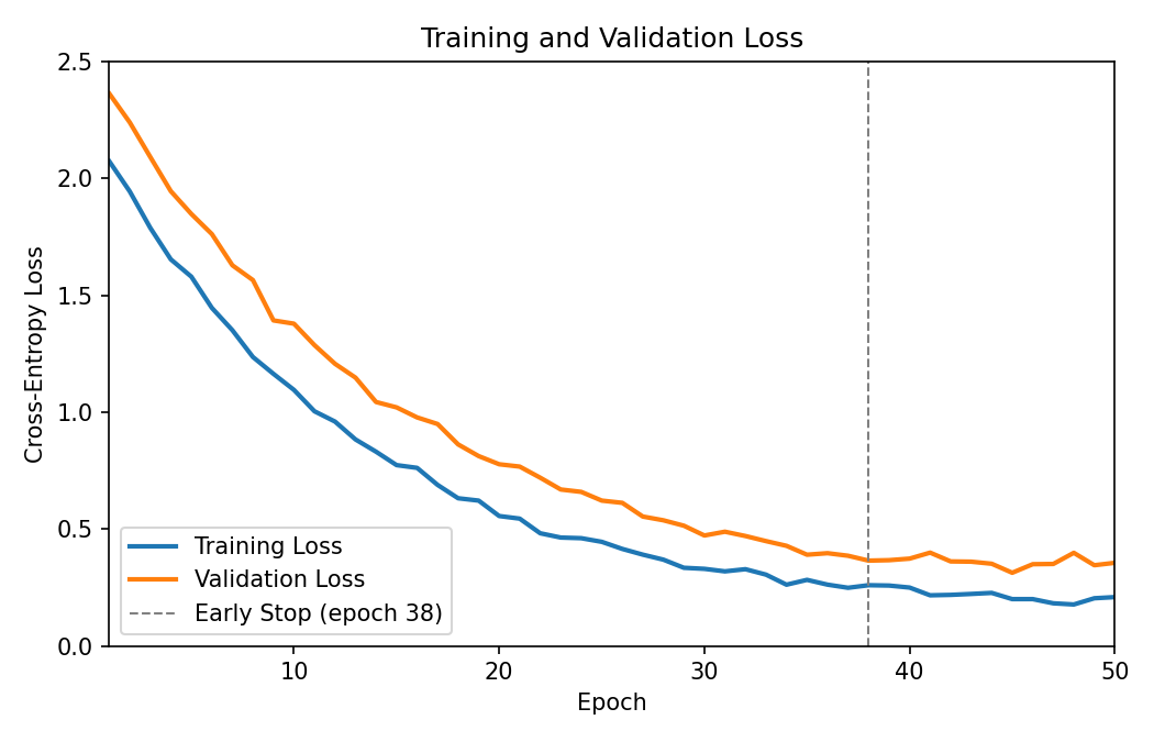 Training and validation loss over 50 epochs. The vertical dashed line marks the early-stopping point at epoch 38.